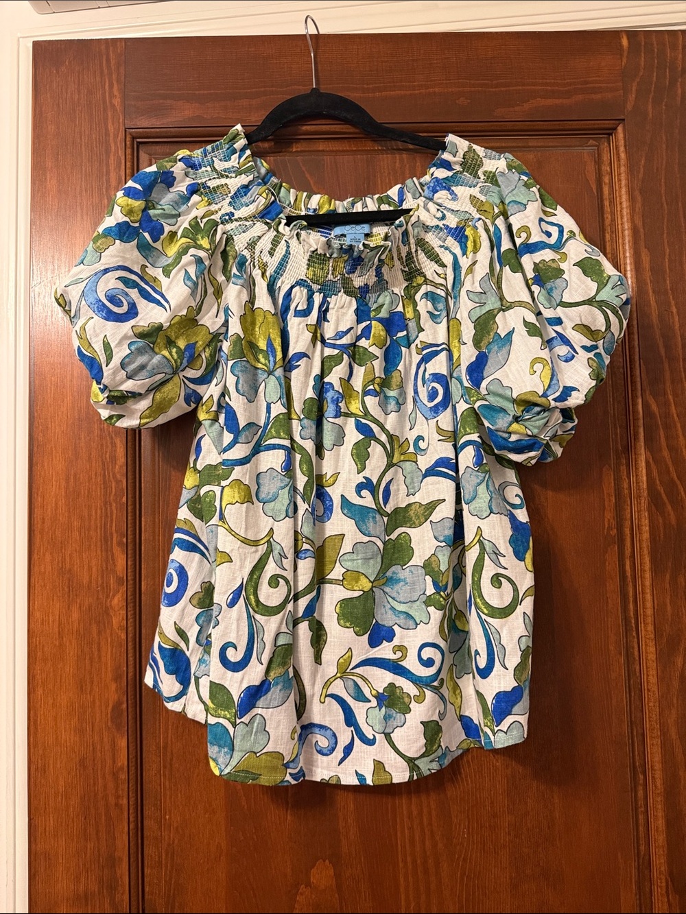 Smocked Peasant Top in Blue & Green Floral